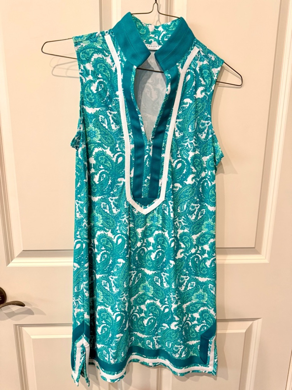 Cabana Life Charleston Paisley Sleeveless Tunic Dress with Contrast Trim, small.